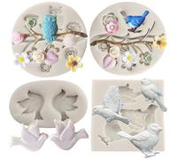 MYPRACS Bird Silicone Moulds Owls Tree Branch Fondant Mould Flower Leaves Silicone Moulds for Cake Decorating Cupcake Topper Candy Resin Clay Chocolate Gum Paste Set of 4