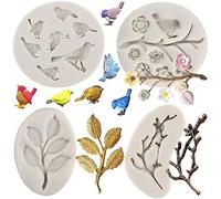 MYPRACS Bird Silicone Moulds Tree Branch Fondant Mould Flower Leaf Chocolate Mould for Sugar Cake Decoration Cupcake Topper Candy Polymer Clay Gum Paste Set of 4