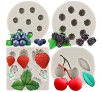 MYPRACS Blueberry Raspberry Cherry Strawberry Cake Fondant Moulds Berry Series Sugarcraft Gumpaste Silicone Mould for Chocolate Candy Cupcake Topper Decorating Polymer Clay Resin Set of 4