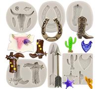 MYPRACS Bull Head Silicone Moulds Feather Arrow Cowboy Boots Horseshoe Hoof Fondant Mould Chocolate Cactus Star Shoe Mould for Candy Cake Decorating Cupcake Topper Gum Paste Polymer Clay Set of 6