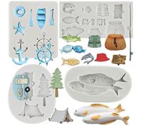 MYPRACS Camping Tent Silicone Moulds Boat Hook Oar Chocolate Mould Fishing Set Fondant Moulds Fish Candy Moulds for Cake Decorating Cupcake Topper Chocolate Gum Paste Candy Polymer Clay Set of 4