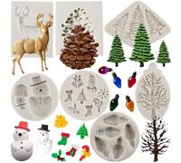 MYPRACS Christmas Fondant Moulds Christmas Tree Snowflake Snowman Pine Cone Reindeer Light Bulb Holly Leaves Candy Chocolate Silicone Moulds For Cake Decorating Cupcake Gum Paste Polymer Clay Set Of 7