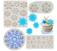 MYPRACS Christmas Snowflake Cake Silicone Fondant Moulds 3D Snowflake Candy Moulds for Cake Decorating Cupcake Topper Chocolate Gum Paste Polymer Clay Frozen Party Supplies Set of 4