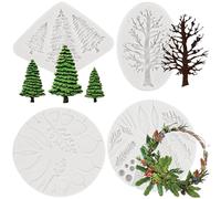 MYPRACS Christmas Tree Fondant Cake Silicone Mould Winter Foliage Flower Pro Silicone Mould for Cake Decoration Cupcake Topper Candy Chocolate Polymer Clay Gum Paste Set of 4