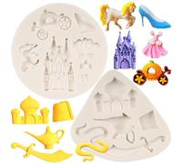 MYPRACS Cinderella Fondant Mould Aladdin Myth Themed Knife Teapot Silicone Mould Castle Crystal Shoes Pumpkin Carriage Moulds for Cake Decoration Cupcake Topper Chocolate Candy Polymer Clay Set of 2