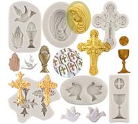 MYPRACS Cross Silicone Mould Communion Chalice Dove Fondant Moulds Baptism Cake Mould for Baptism Party Cake Decorating Cupcake Topper Polymer Clay Candy Chocolate Gum Paste Set of 6