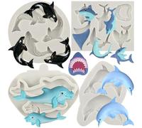 MYPRACS Dolphin Silicone Fondant Moulds Ocean Shark Fondant Mould Killer Whale Chocolate Moulds for Sugar Cake Decorating Cupcake Topper Gum Paste Candy Polymer Clay Set of 4