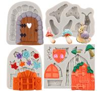 MYPRACS Enchanted Vintage Fairy Garden Fairy Gnome Home Door Window Silicone Moulds Snail Mushroom Fondant Mould for Cake Decorating Cupcake Topper Candy Chocolate Polymer Clay Gum Paste Set of 4