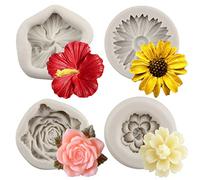 MYPRACS Flower Blossom Silicone Mould Hibiscus Orchid Flower Fondant Moulds Chrysanthemum Flower Mould Cherry Blossoms Moulds for Cake Decorating Chocolate Candy Cupcake Decorating Clay Set of 4