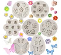 MYPRACS Flower Fondant Cake Mould Rose Butterfly Daisy Leaf Mini Flowers Candy Silicone Moulds for Cake Decorating Cupcake Topper Chocolate Gum Paste Polymer Clay Set of 7