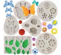 MYPRACS Flower Fondant Cake Silicone Mould Daisy Rose Butterfly Candy Moulds Rose Leaf Mould for Cake Decorating Cupcake Topper Polymer Clay Chocolate Gum Paste Set of 6