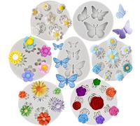 MYPRACS Flower Silicone Mould Rose Daisy Chrysanthemum Sunflower Butterfly and Mini Flowers Candy Moulds for Flower Cake Decoration Cupcake Topper Chocolate Gum Paste Polymer Clay Set of 7