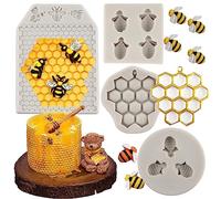 MYPRACS Honeycomb Bees Silicone Fondant Mould Bumble Bee Silicone Mould Beehive Candy Moulds for Cupcake Topper Cake Decorating Chocolate Candy Polymer Clay Gum Paste Set of 4