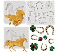 MYPRACS Horse Themed Silicone Fondant Moulds Horse Shoe Clover Mould for Cake Decoration Cupcake Topper Candy Chocolate Polymer Clay Gum Paste Set of 5