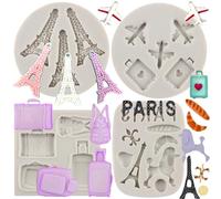 MYPRACS I Love Paris Fondant Moulds Eiffel Tower Poodle Silicone Mould Airplane Luggage Bag Candy Moulds for Cake Decoration Cupcake Topper Chocolate Gum Paste Set of 4