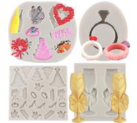 MYPRACS Love Wedding Anniversary Engagement Silicone Moulds Champagne Wine Glass Ring Wedding Dress Fondant Mould for Cake Decoration Candy Chocolate Polymer Clay Gum Paste Set of 4