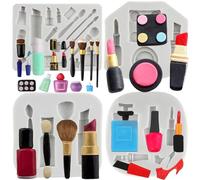 MYPRACS Makeup Tools Silicone Moulds Lipstick Perfume Bottle Fondant Mould Nail Polish Makeup Brush Moulds for Cupcake Topper Polymer Clay Chocolate Gum Paste Cake Decoration Set of 4