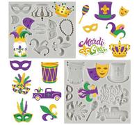 MYPRACS Mardi Gras Fondant Moulds Masquerade Mask Fleur-De-Lis Crown Feather Mask Silicone Mould Carnival Cake Decorating Mould for Cupcake Topper Candy Chocolate Gum Paste Polymer Clay Set of 2