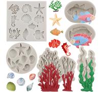 MYPRACS Marine Theme Fondant Cake Mould Coral Seashell Conch Fish Seahorse Starfish Octopus Silicone Moulds for Cake Decorating Cupcake Topper Candy Chocolate Gum Paste Polymer Clay Set of 6