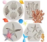 MYPRACS Marine Theme Fondant Mould Seashell Conch Starfish Baking Silicone Moulds Coral Seahorse Mermaid Tail Moulds for Cake Decoration Cupcake Topper Candy Chocolate Gum Paste Polymer Clay Set of 4