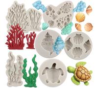 MYPRACS Marine Theme Fondant Moulds Sea Turtle Seashell Conch Seaweed Coral Silicone Moulds for Cake Decorating Cupcake Topper Chocolate Candy Gum Paste Polymer Clay Set of 6