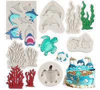 MYPRACS Marine Theme Fondant Moulds Sea Turtle Shark Dolphin Coral Fish Silicone Moulds for Sugar Cake Decorating Cupcake Topper Candy Chocolate Gum Paste Polymer Clay Set of 6