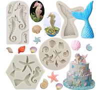 MYPRACS Marine Theme Fondant Moulds Seashell Conch Seahorse Starfish Mermaid Tail Silicone Mould for Sugar Cake Decoration Cupcake Topper Candy Chocolate Gum Paste Polymer Clay Set of 4