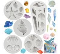 MYPRACS Marine Theme Fondant Moulds Seashell Conch Starfish Baking Silicone Moulds for Cake Decorating Cupcake Topper Chocolate Candy Gum Paste Polymer Clay Set of 5