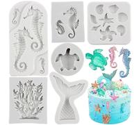 MYPRACS Marine Theme Fondant Silicone Mould Mermaid Tail Moulds Seashell Seaweed Seahorse Sea Turtle Silicone Baking Mould for Cake Decorating Cupcake Topper Gum Paste Polymer Clay Set of 6