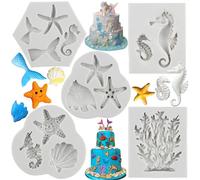 MYPRACS Marine Theme Fondant Silicone Moulds Seashell Coral Seahorse Starfish Mermaid Tail Silicone Mould for Cake Decorating Cupcake Topper Candy Polymer Clay Chocolate Gum Paste Set of 5