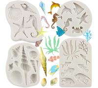 MYPRACS Marine Theme Silicone Fondant Mould Hippocampus Seaweed Sea Fish Crab Coral Conch Sea Shell Silicone Chocolate Moulds for Sugar Cake Decorating Cupcake Topper Gum Candy Polymer Clay Set of 4