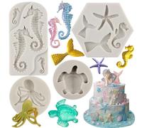 MYPRACS Marine Theme Silicone Fondant Moulds Seahorse Sea Turtle Octopus Starfish Mermaid Tail Mould for Cake Decorating Cupcake Topper Gum Paste Candy Chocolate Polymer Clay Set of 4