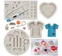 MYPRACS Medical Apparatus Silicone Mould Nurse Theme Fondant Mould Nurse Hat Stethoscope Bandage Thermometer T-Shirt Doctor Chocolate Candy Mould for Cupcake Topper Cake Decorating Set of 4