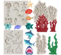 MYPRACS Ocean Theme Fondant Moulds Sea Animal Silicone Mould Shark Seashell Starfish Octopus Turtle Coral Seaweed Chocolate Candy Mould for Cake Decorating Cupcake Topper Gum Paste Set of 4