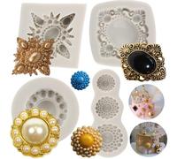 MYPRACS Pearl Diamond Brooch Silicone Moulds Brooch Gemstone Fondant Mould for Cake Decoration Cupcake Topper Sugar Cum Paste Chocolate Candy Jewelry Polymer Clay Set of 4