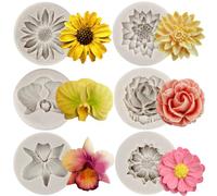 MYPRACS Rose Flower Silicone Moulds Daisy Flower Fondant Moulds Chrysanthemum Flower Chocolate Moulds Orchid Flower Candy Moulds for Sugar Cake Decorating Cupcake Gum Paste Polymer Clay Set of 6