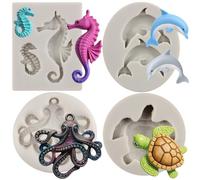 MYPRACS Sea Turtle Seahorse Silicone Moulds Dolphin Octopus Fondant Mould for Tortoise Cake Decorating Cupcake Topper Resin Sugar Candy Chocolate Gum Paste Set of 4