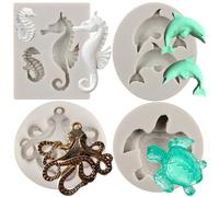 MYPRACS Sea Turtle Seahorse Silicone Moulds Dolphin Octopus Fondant Mould for Tortoise Cake Decorating Cupcake Topper Resin Sugar Candy Chocolate Gum Paste Set of 4