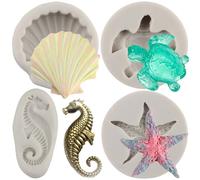 MYPRACS Sea Turtle Silicone Moulds Seashell Starfish Seahorse Fondant Mould Tortoise Chocolate Candy Moulds for Cake Decoration Polymer Clay Gum Paste Set of 4