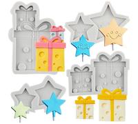 MYPRACS Star Lollipop Fondant Silicone Mould Gift Box Chocolate Candy Mould for Christmas Birthday Wedding Cake Decorating Cupcake Topper Jelly Polymer Clay Gum Paste Set of 4