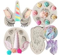 MYPRACS Unicorn Silicone Mould Unicorn Ears Horn Fondant Moulds Rose Flower Candy Mould for Cake Decoration Cupcake Topper Chocolate Candy Gum Paste Set of 4