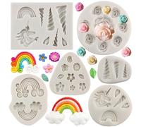 MYPRACS Unicorn Silicone Mould Unicorn Ears Horn Rainbow Flowers and Leaf Cake Fondant Moulds for Cake Decorating Cupcake Topper Candy Chocolate Gum Paste Polymer Clay Set of 6