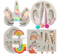 MYPRACS Unicorn Silicone Moulds Unicorn Horn Ears Rose Flower Rainbow Fondant Mould for Cake Decorating Cupcake Topper Chocolate Candy Polymer Clay Gum Paste Set of 4