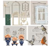 MYPRACS Window Door Silicone Mould Bird Fondant Moulds Flower Mould Frame Cake Border Silicone Moulds for Chocolate Cake Decoration Cupcake Topper Candy Gum Paste Set of 4
