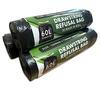 MYPURECORE 60L Recycled Bin Bags - 30 Pack Drawstring Heavy Duty, Strong Black Refuse Sacks - Eco-Friendly Black Bin Liners for Home, Office, Garden - Large Capacity, Durable Strong Bin Bags