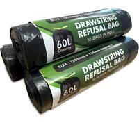 MYPURECORE 60L Recycled Bin Bags - 30 Pack Drawstring Heavy Duty, Strong Black Refuse Sacks -Large Capacity, Durable Strong Bin Bags