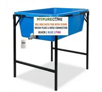 MYPURECORE 90L Dog Bath Tub with Stand - Raised Pet Bath Pool with Drain Plug & Hose Connector - Foldable Metal Frame for Indoor & Outdoor Use (Blue)