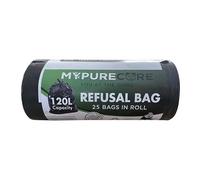 MYPURECORE Black Bin Bags 120L - 25 Pack Heavy Duty Refuse Sacks, Strong and Durable for Home & Business, Large Capacity Heavy Duty Bin Liners, Black Rubbish Bags, Ideal for Kitchen and Garden Waste
