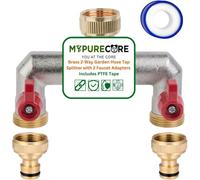 MYPURECORE Brass 2-Way Garden Hose Tap Splitter With 2 Faucet Adapters And Ptfe Tape Durable Three-Quartz Outdoor Tap Connector With Valves