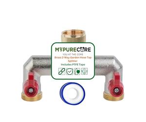 MYPURECORE Brass 2-Way Garden Hose Tap Splitter with PTFE Tape - Durable 3/4" Outdoor Tap Connector with Individual Valves | Brass Hose Connector for Garden Irrigation, Hosepipe Fittings & Adapters